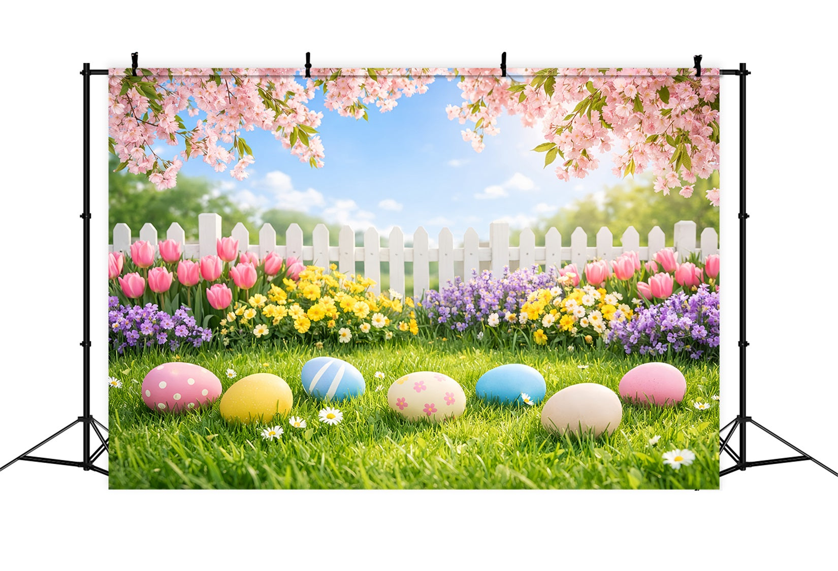 Easter Egg Backdrop Cherry Blossom Garden Lawn Photography Backdrops Easter UK LXX61-35