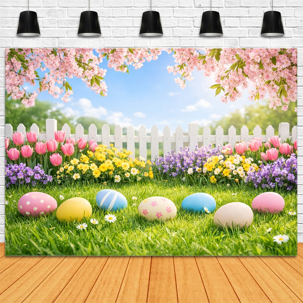 Easter Egg Backdrop Cherry Blossom Garden Lawn Photography Backdrops Easter UK LXX61-35