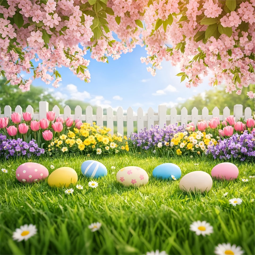 Easter Egg Backdrop Cherry Blossom Garden Lawn Photography Backdrops Easter UK LXX61-35