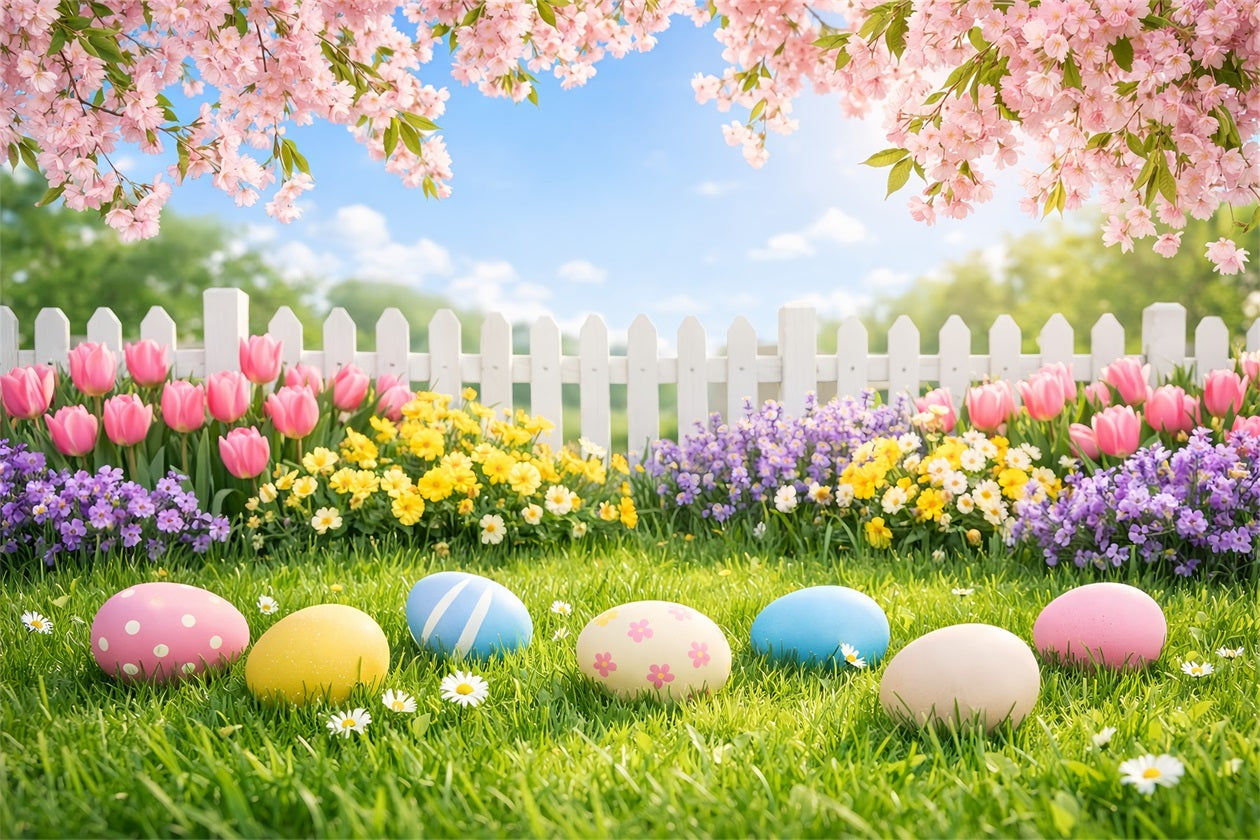 Easter Egg Backdrop Cherry Blossom Garden Lawn Photography Backdrops Easter UK LXX61-35