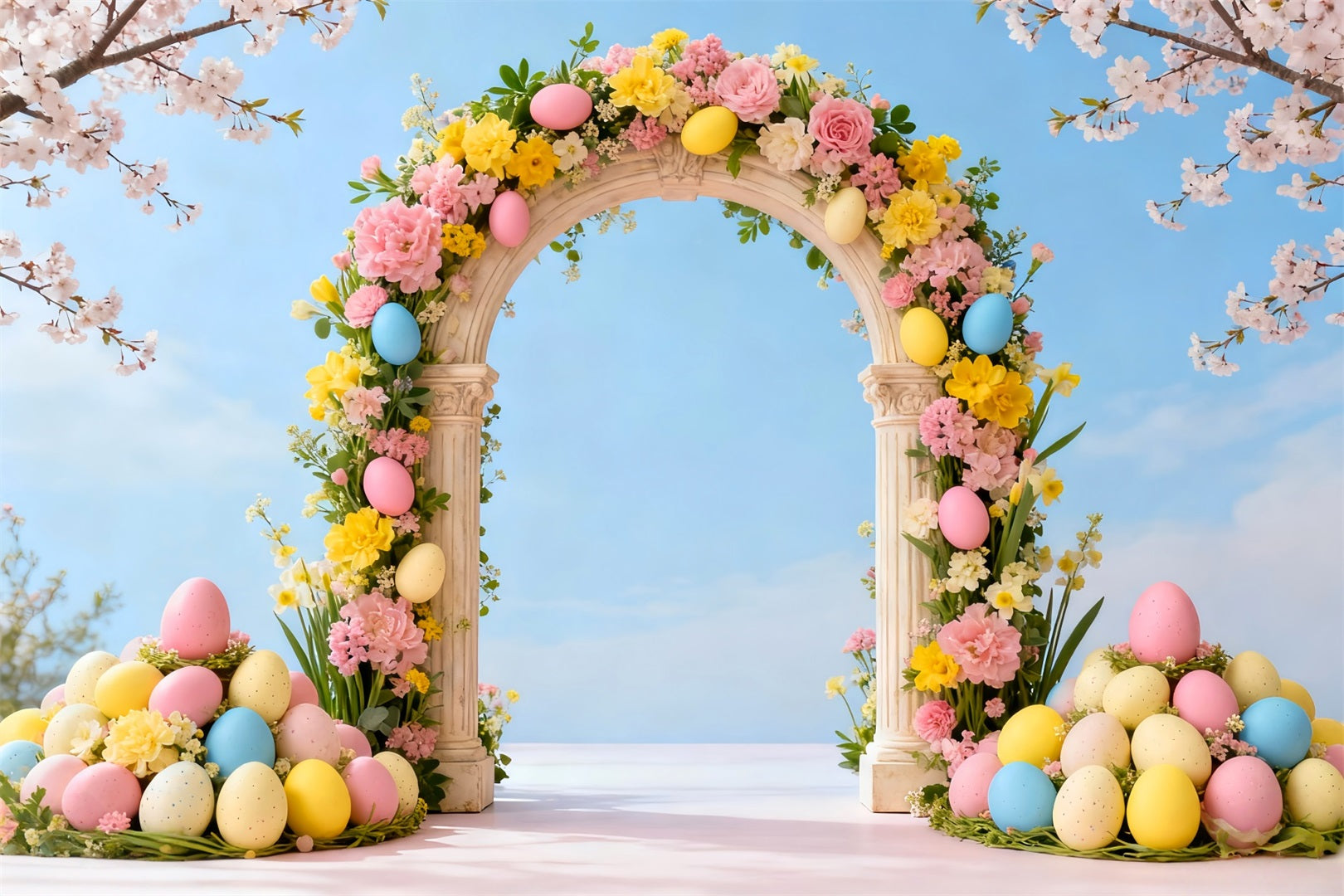 Easter Egg Backdrop Spring Cherry Floral Archway Photography Backdrops Easter UK LXX61-36