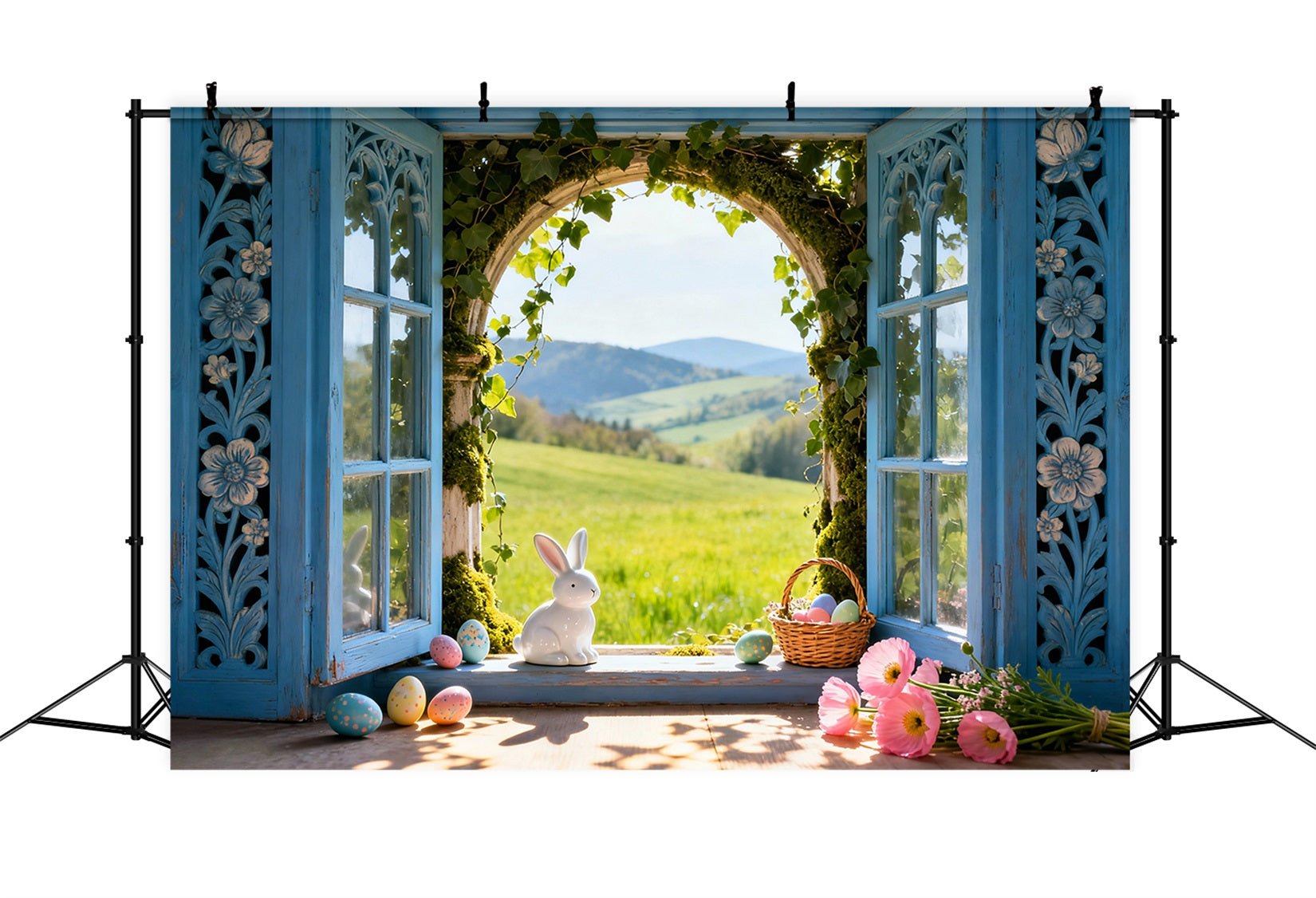 Bunny Photo Backdrop Sunlit Meadow Window Eggs Photo Booth Easter Backdrop Ideas UK LXX61-39