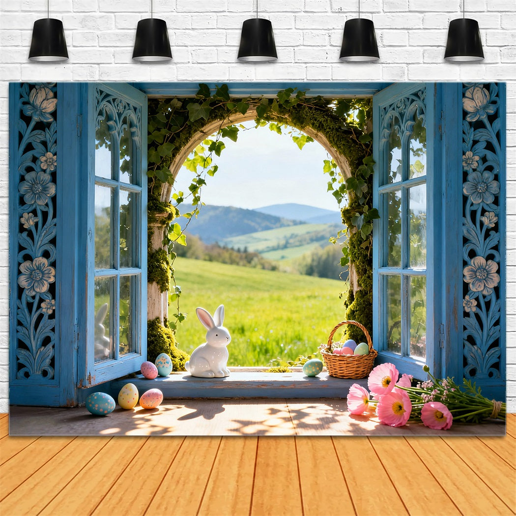 Bunny Photo Backdrop Sunlit Meadow Window Eggs Photo Booth Easter Backdrop Ideas UK LXX61-39