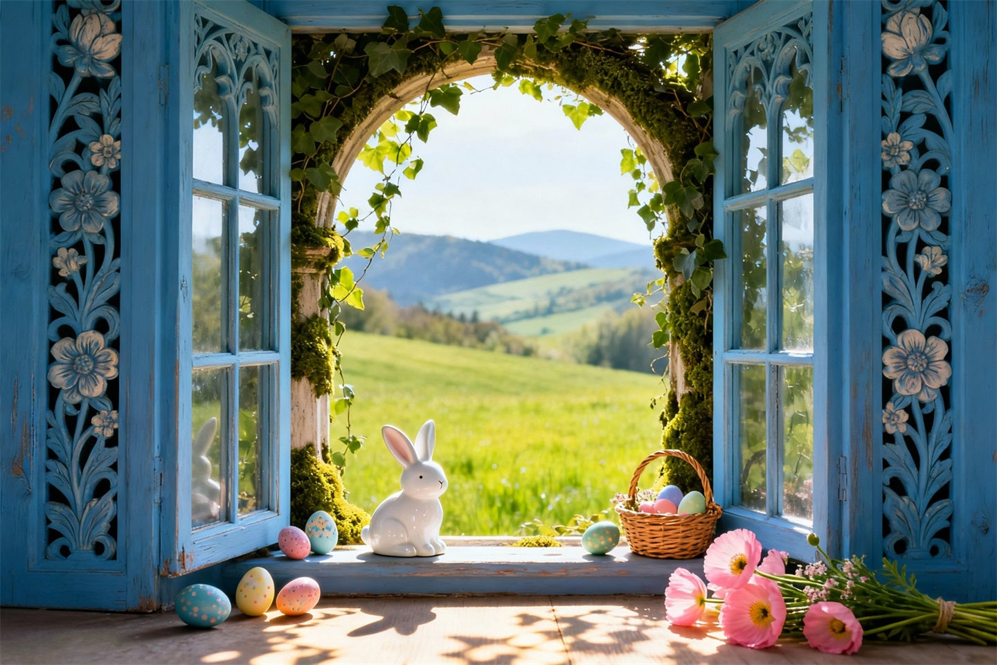 Bunny Photo Backdrop Sunlit Meadow Window Eggs Photo Booth Easter Backdrop Ideas UK LXX61-39