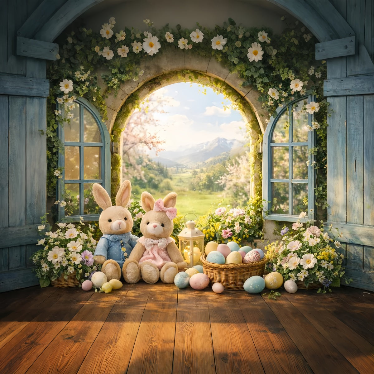 Bunny Photo Backdrop Spring Arch Window Wildflower Photo Booth Easter Backdrop Ideas UK LXX61-40