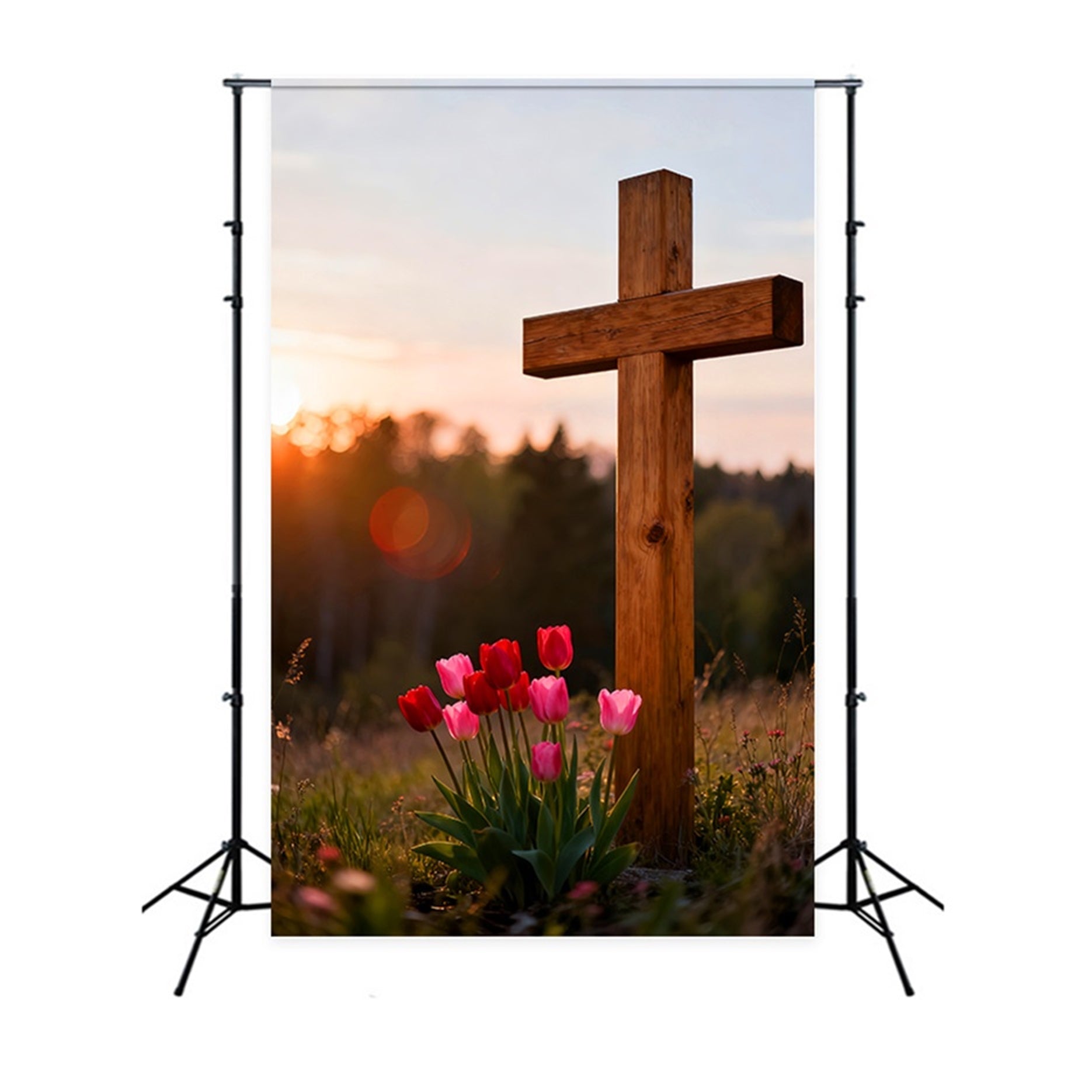 Christian Easter Backdrops Wooden Cross Tulip Meadow Outdoor Easter Photo Backdrops UK LXX61-43