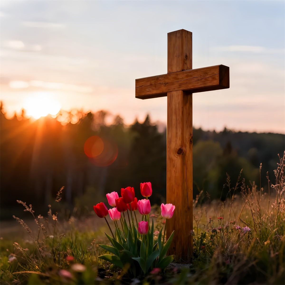 Christian Easter Backdrops Wooden Cross Tulip Meadow Outdoor Easter Photo Backdrops UK LXX61-43