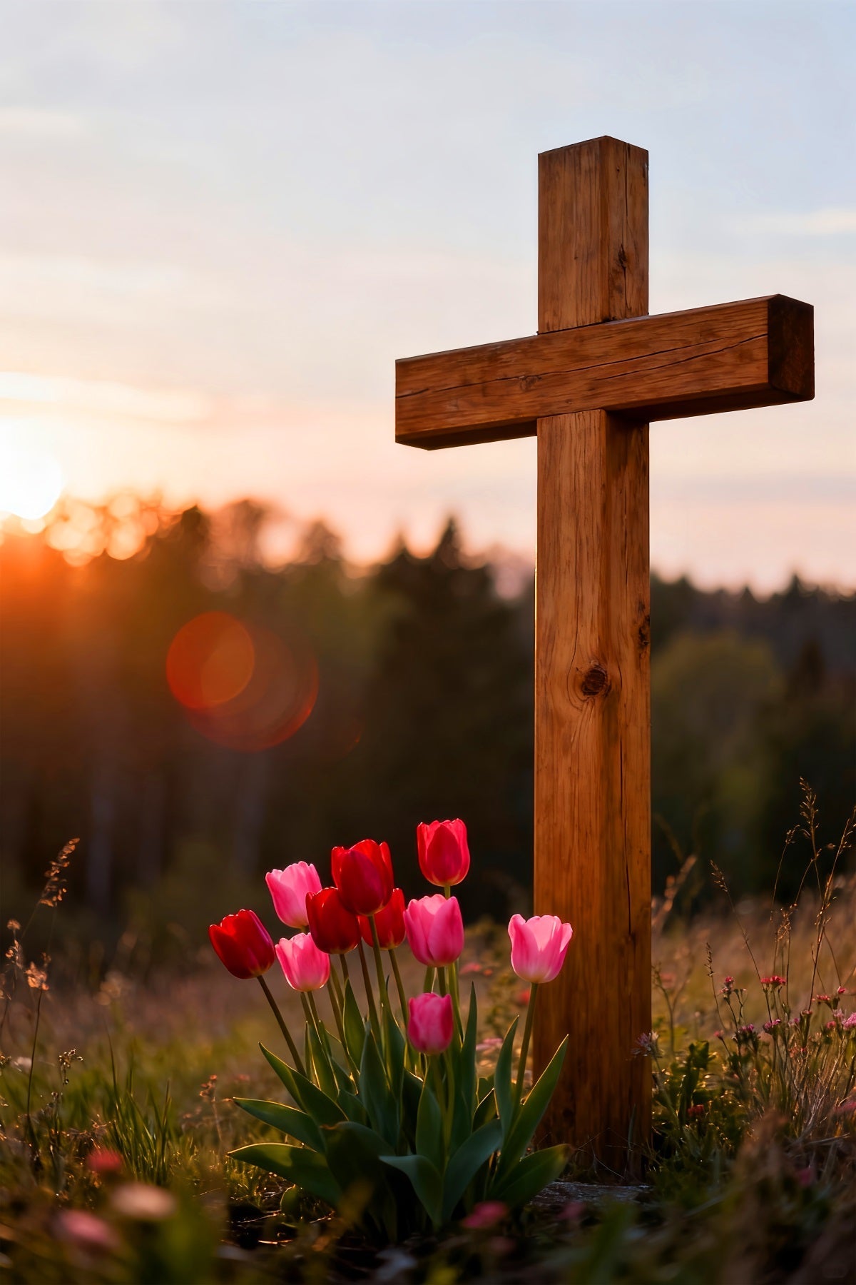Christian Easter Backdrops Wooden Cross Tulip Meadow Outdoor Easter Photo Backdrops UK LXX61-43