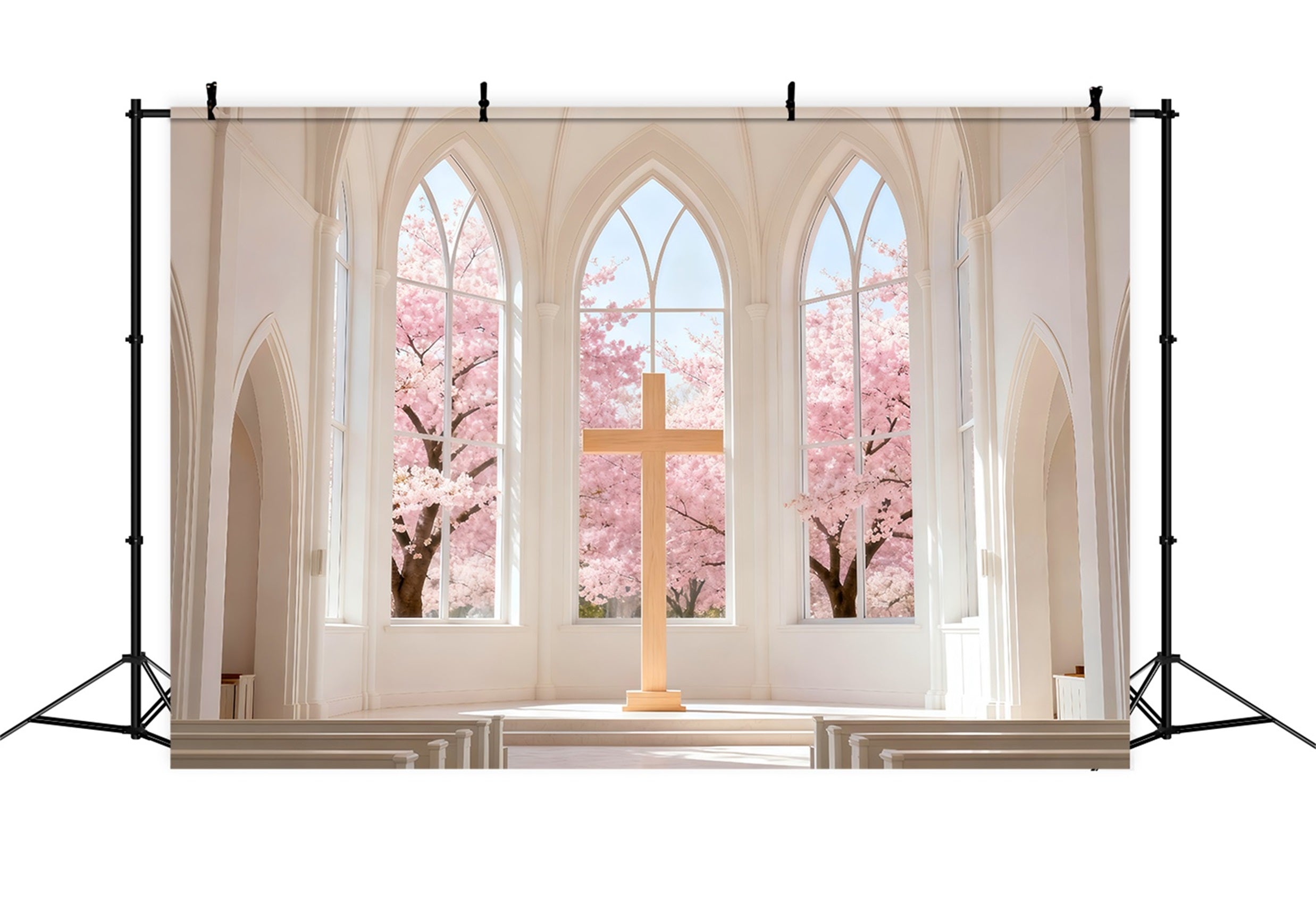 Church Easter Backdrop Cherry Blossom Chapel Cross Easy Easter Backdrops UK LXX61-46