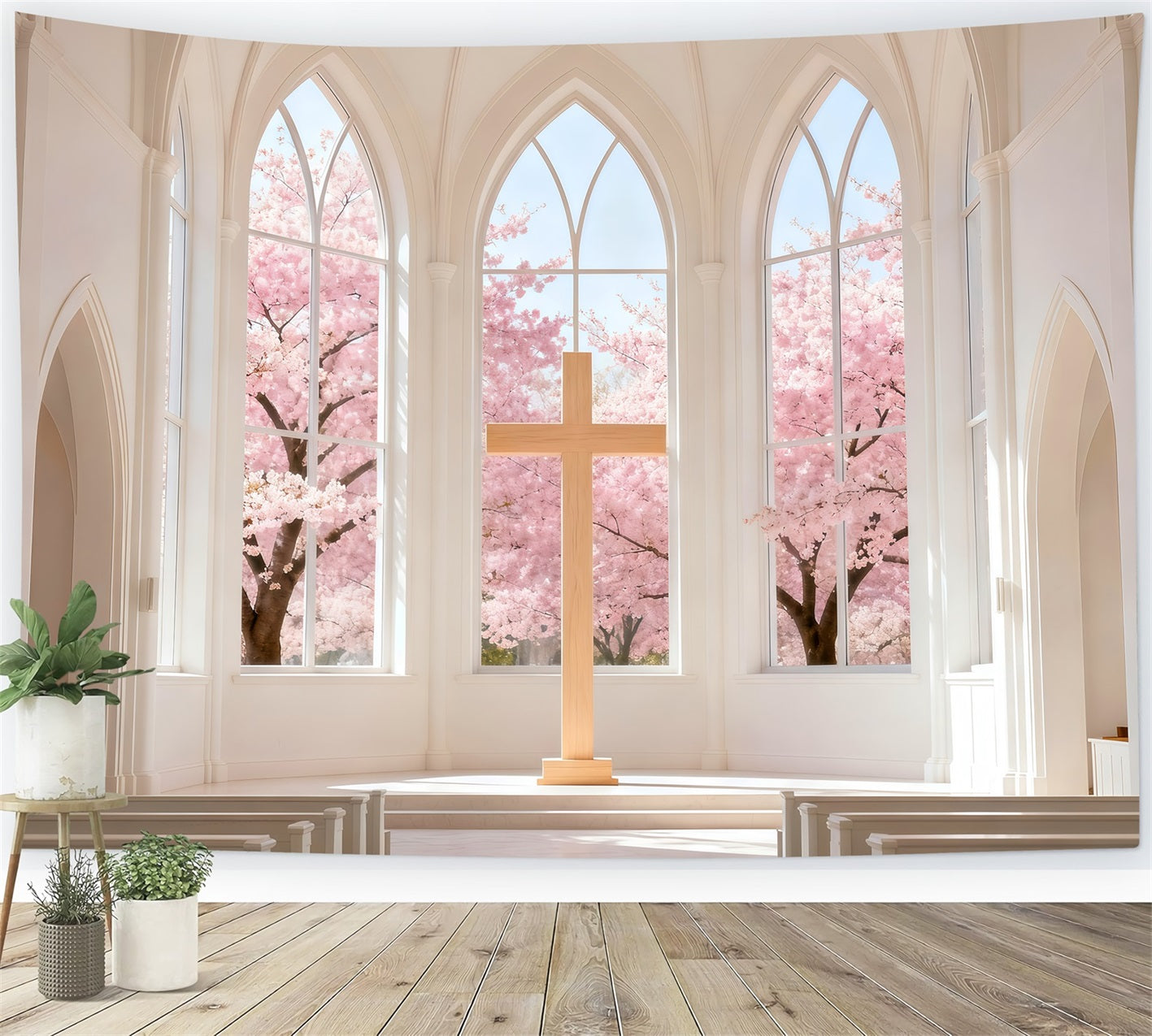 Church Easter Backdrop Cherry Blossom Chapel Cross Easy Easter Backdrops UK LXX61-46