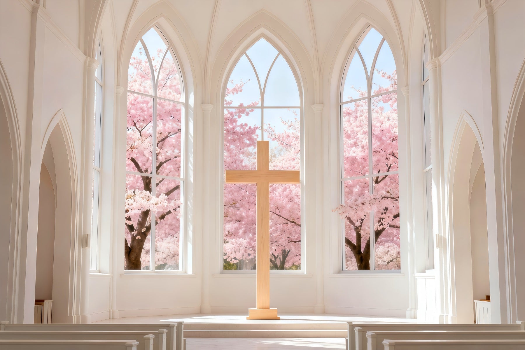 Church Easter Backdrop Cherry Blossom Chapel Cross Easy Easter Backdrops UK LXX61-46