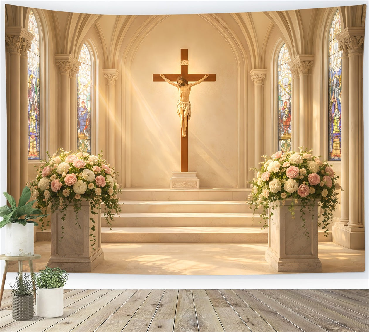 Church Easter Photo Backdrop Ideas Floral Crucifix Cathedral Light Backdrop Ideas For Easter UK LXX61-48