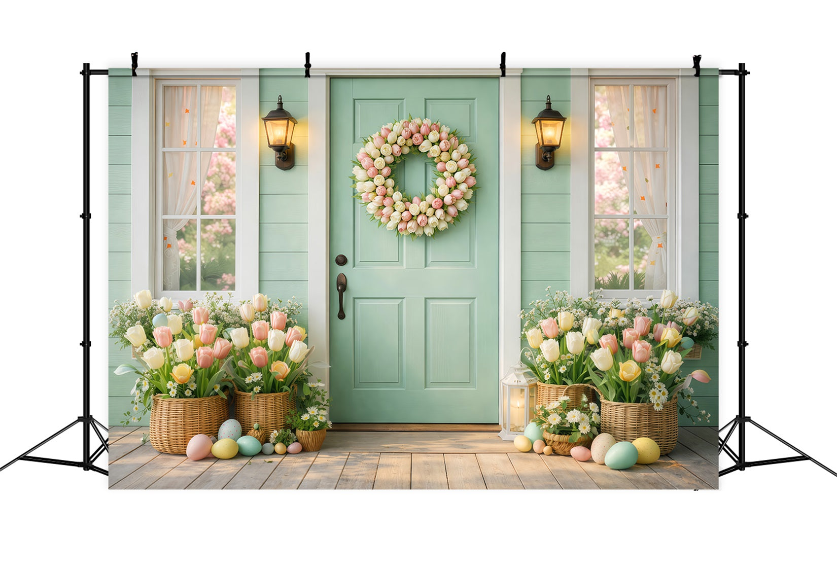 Easter Sunday Backdrops Mint Door Tulip Wreath Porch Photography Easter Photo Backdrop UK LXX61-56