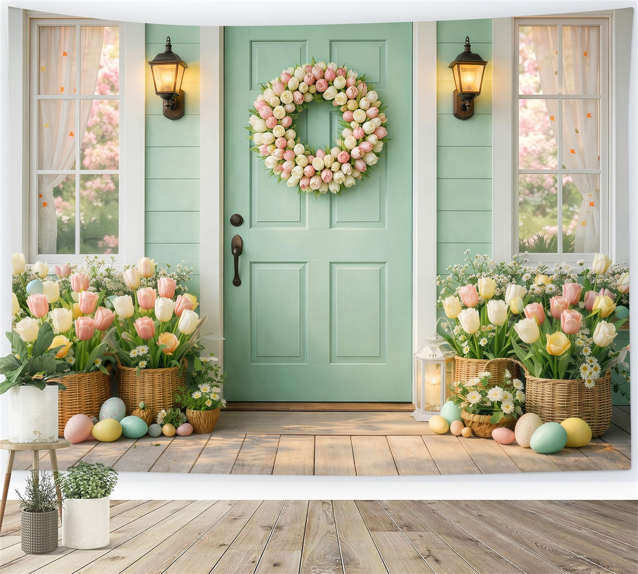 Easter Sunday Backdrops Mint Door Tulip Wreath Porch Photography Easter Photo Backdrop UK LXX61-56