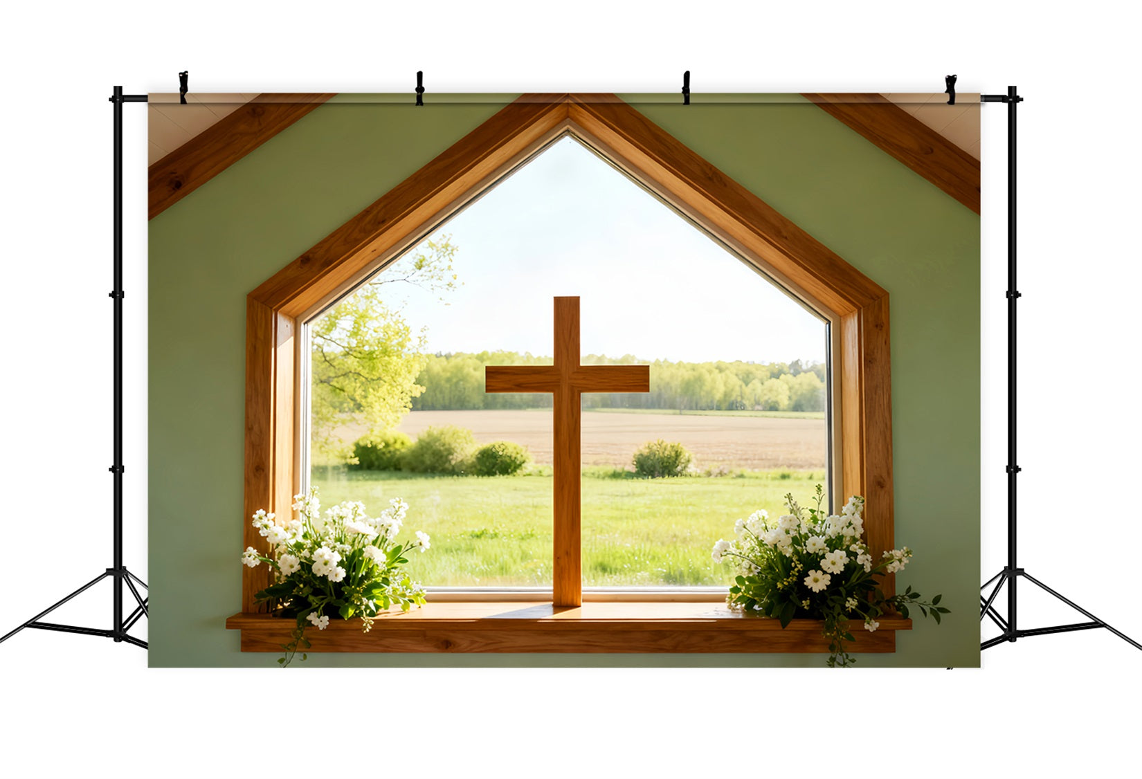 Easter Church Backdrops Sunlit Meadow Window Cross Large Easter Backdrop UK LXX61-57