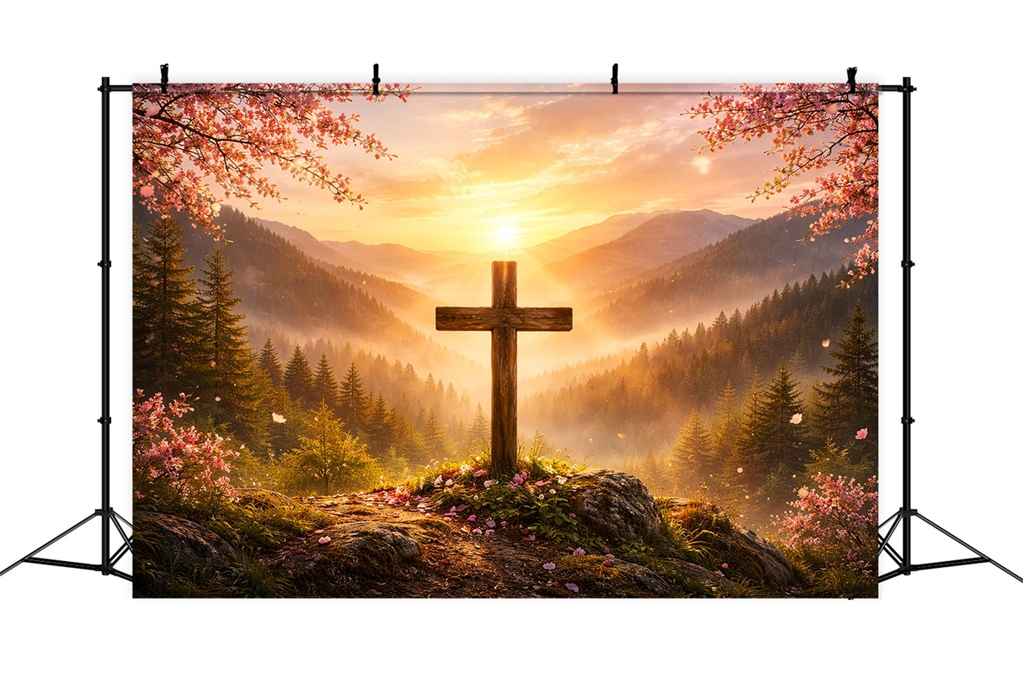 Christian Easter Photo Backdrop Mountain Sunrise Cross Glory Simple Easter Backdrop Ideas UK LXX61-60