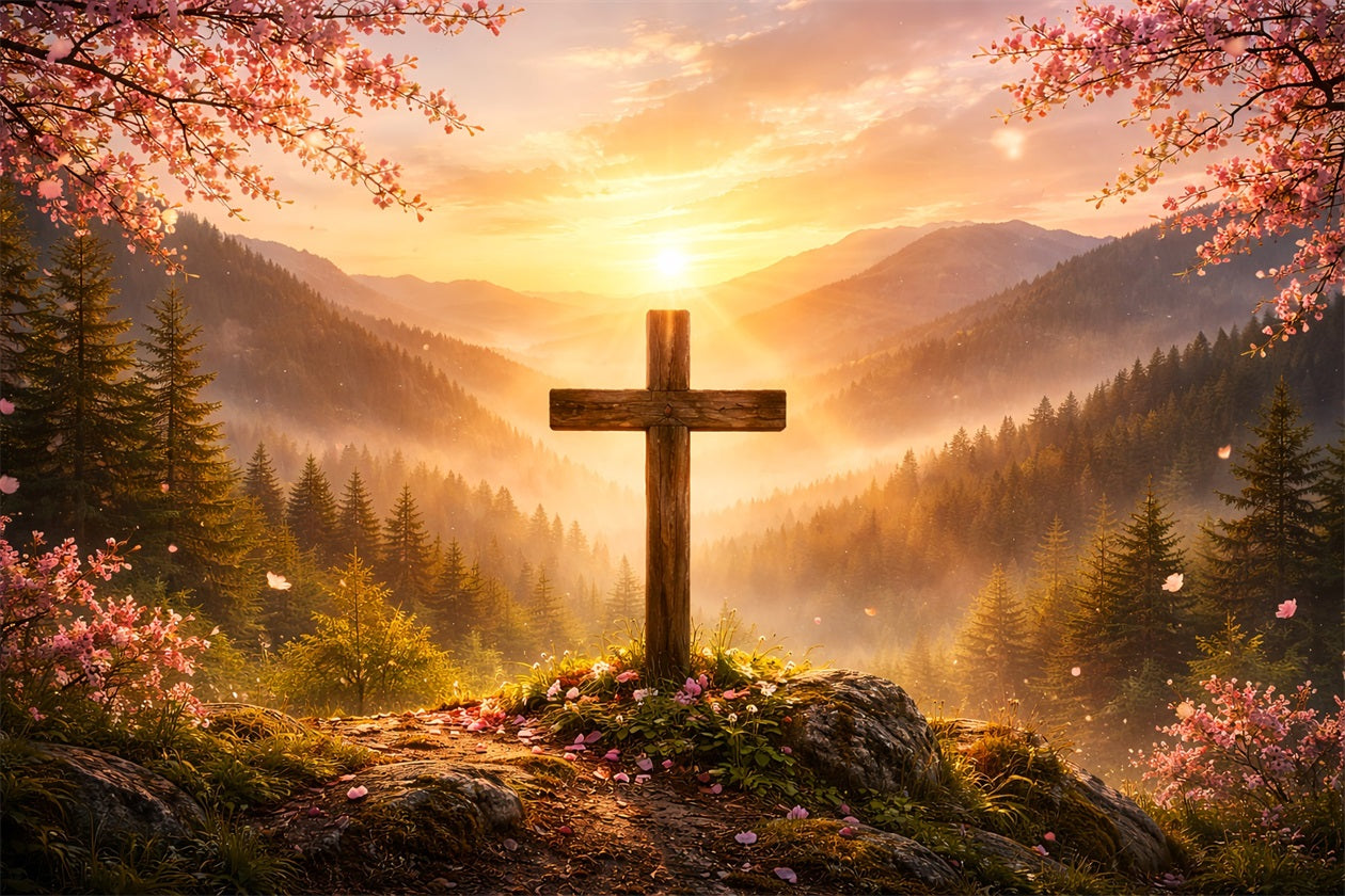 Christian Easter Photo Backdrop Mountain Sunrise Cross Glory Simple Easter Backdrop Ideas UK LXX61-60