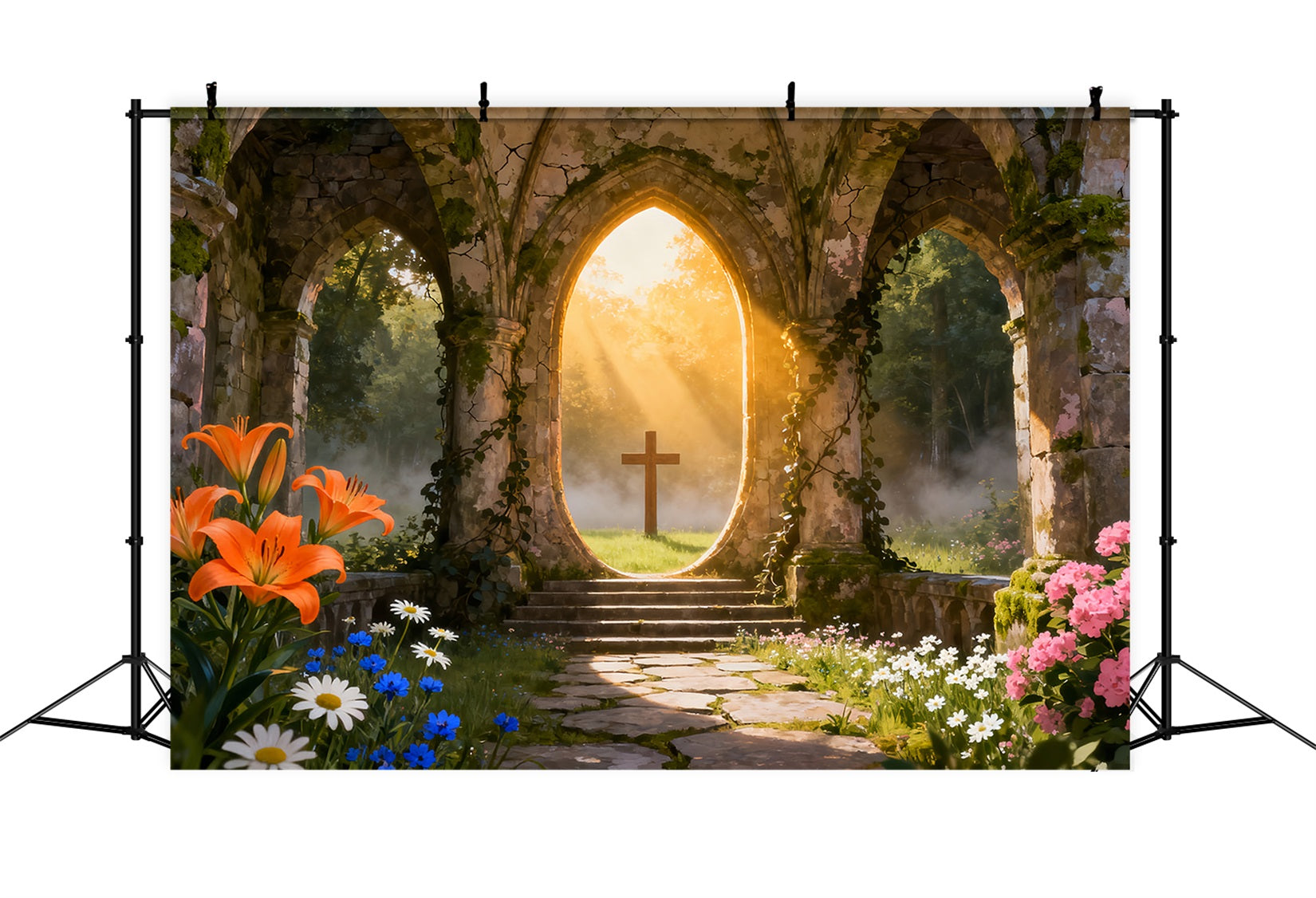 Church Easter Backdrop Ideas Sunlit Ruins Cross Garden Photography Easter Photo Backdrop UK LXX61-63