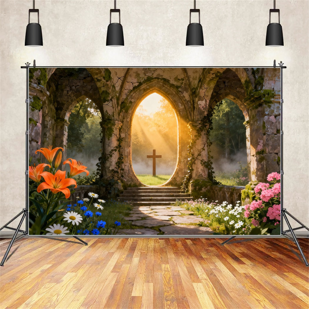 Church Easter Backdrop Ideas Sunlit Ruins Cross Garden Photography Easter Photo Backdrop UK LXX61-63
