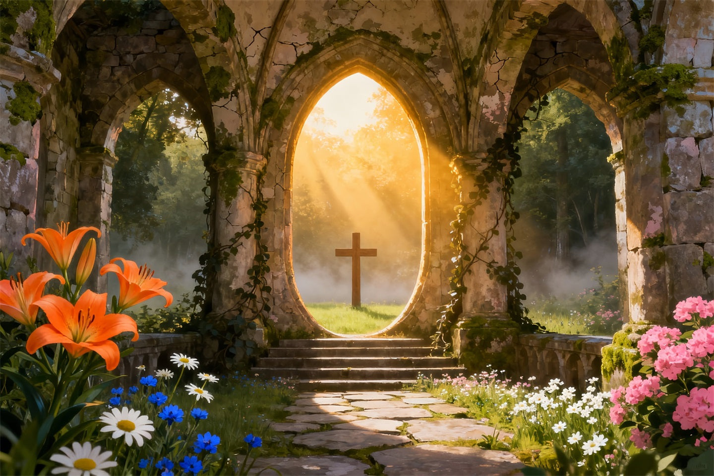 Church Easter Backdrop Ideas Sunlit Ruins Cross Garden Photography Easter Photo Backdrop UK LXX61-63