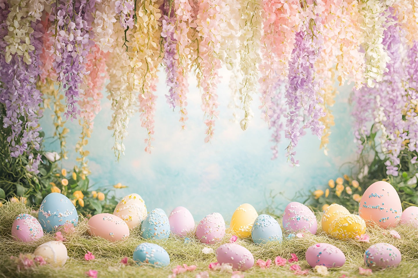 Easter Eggs Backdrop Hanging Wisteria Wildflower Meadow Easter Play Backdrops UK LXX61-66