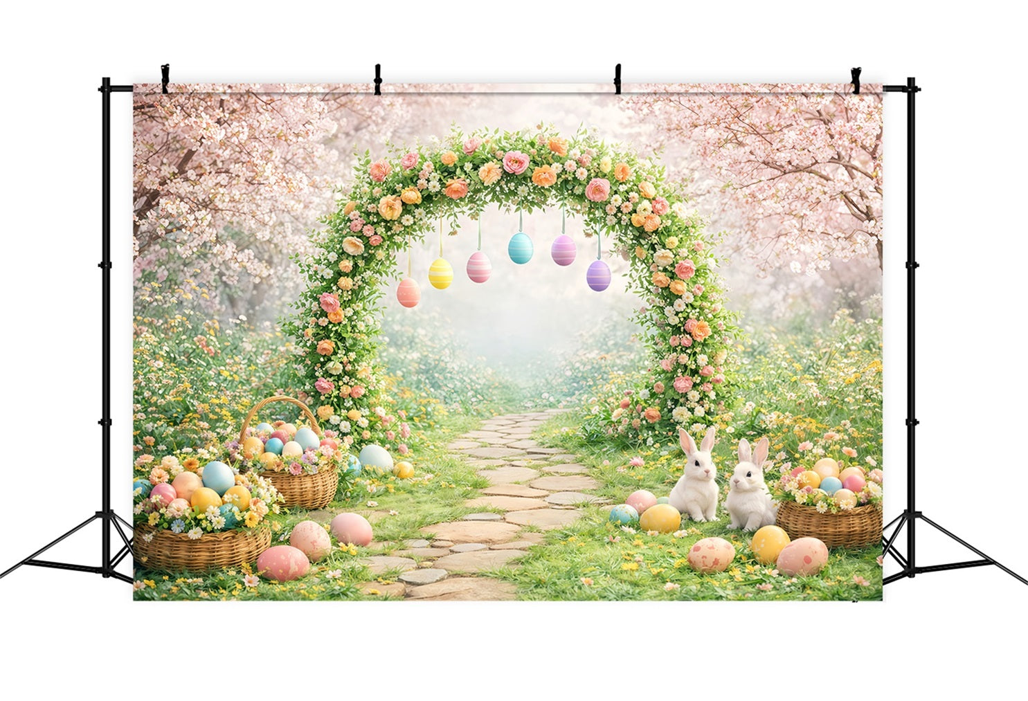 Easter Stage Backdrops Blooming Garden Arch Bunny Eggs Easter Backdrop Photoshoot UK LXX61-67