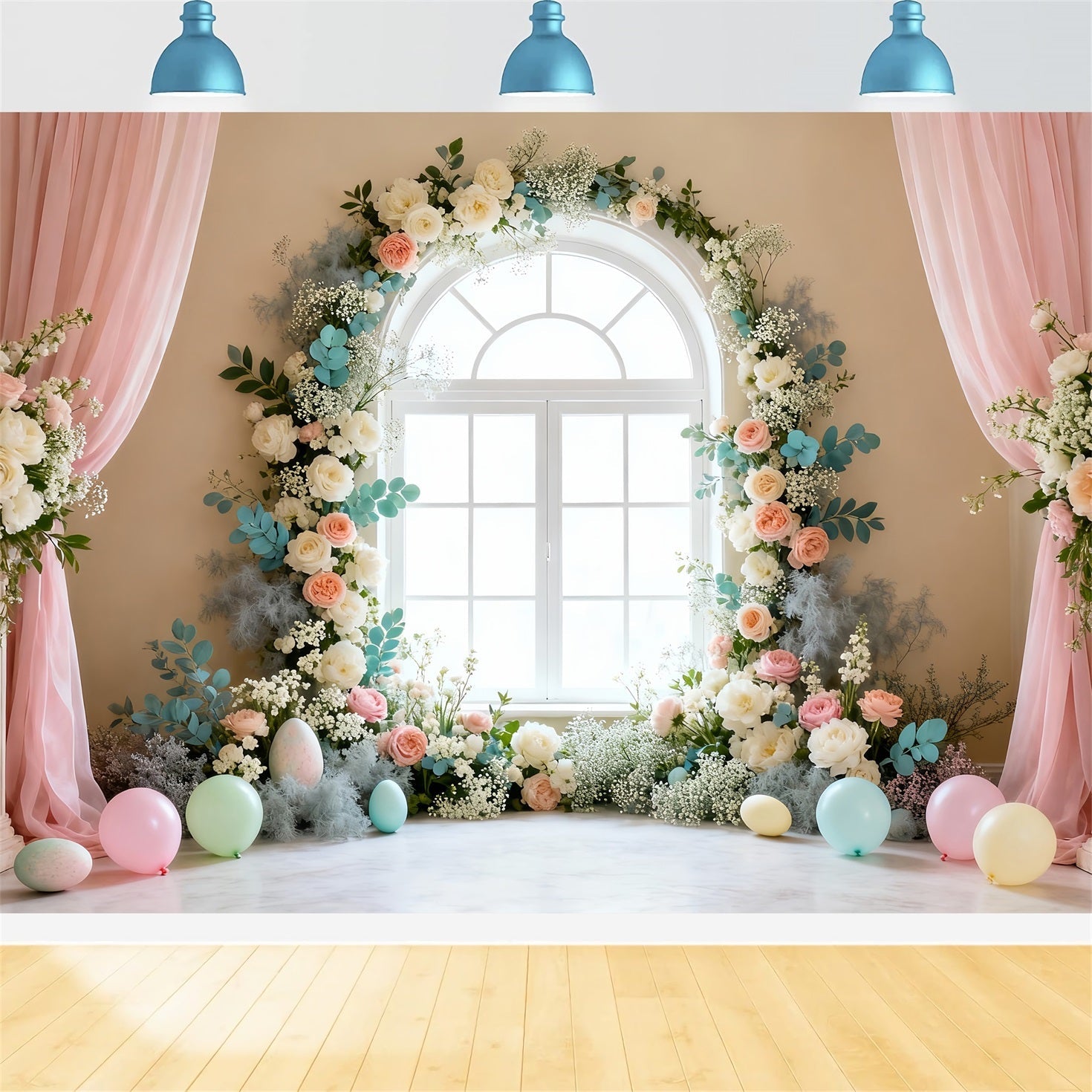 Easter Spring Backdrop Elegant Floral Window Wreath Easter Backdrop Lighting Studio UK LXX61-68