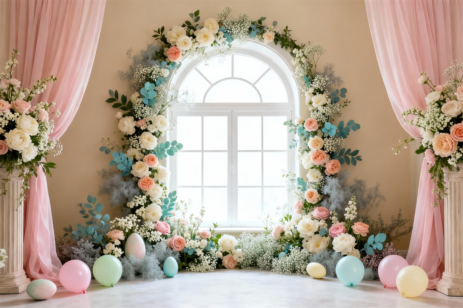Easter Spring Backdrop Elegant Floral Window Wreath Easter Backdrop Lighting Studio UK LXX61-68
