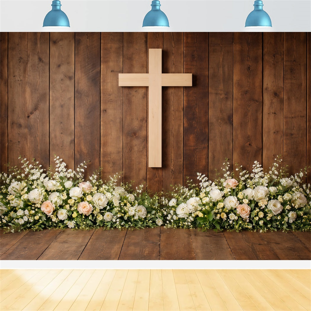 Religious Easter Backdrops Rustic Wooden Cross Floral Base Backdrops For Easter Plays UK LXX61-69