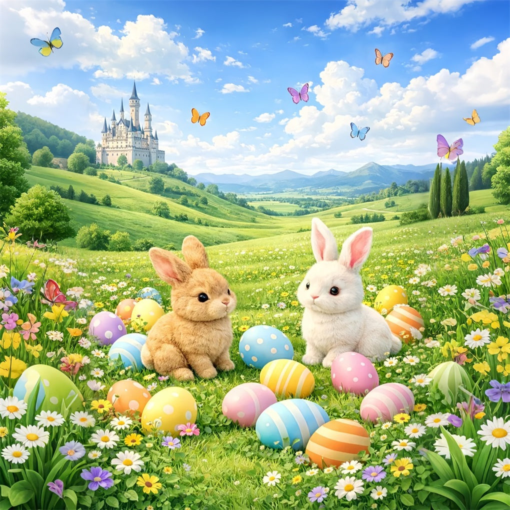 Easter Egg Backdrop Fairytale Meadow Castle Bunny 10x10 Easter Backdrop UK LXX61-76