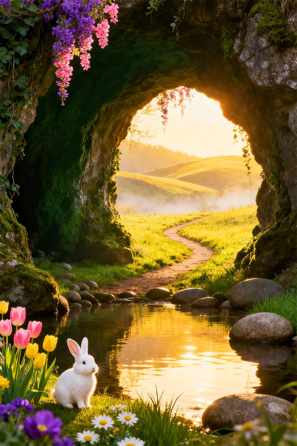 Cute Easter Backdrop Golden Sunrise Cave Meadow Stream Cheap Easter Backdrops UK LXX61-77