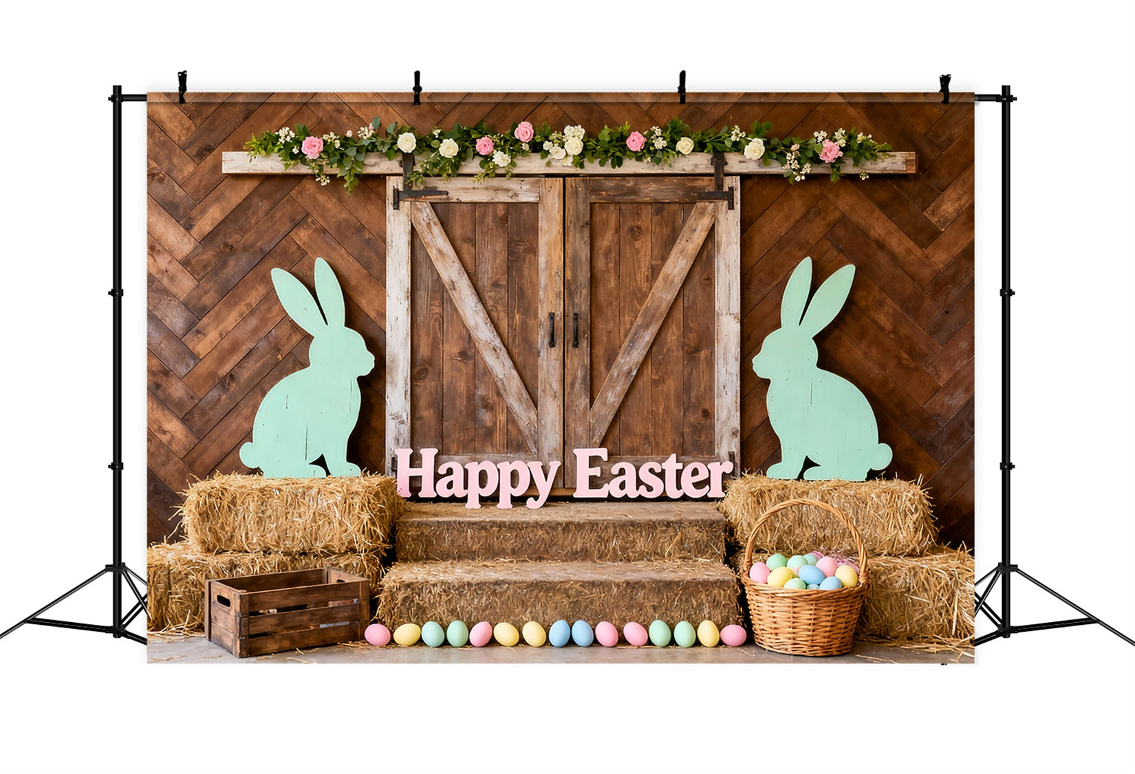Rustic Easter Backdrop Barn Door Bunny Silhouette Easter Pictures Backdrop UK LXX61-78