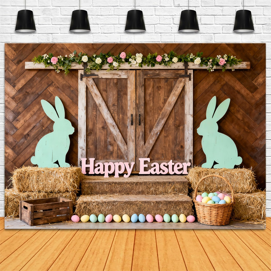 Rustic Easter Backdrop Barn Door Bunny Silhouette Easter Pictures Backdrop UK LXX61-78