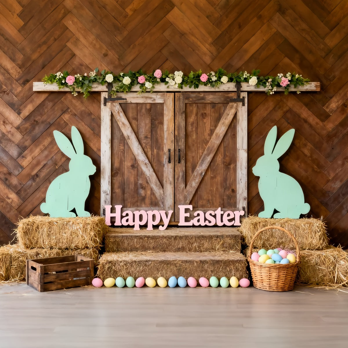 Rustic Easter Backdrop Barn Door Bunny Silhouette Easter Pictures Backdrop UK LXX61-78