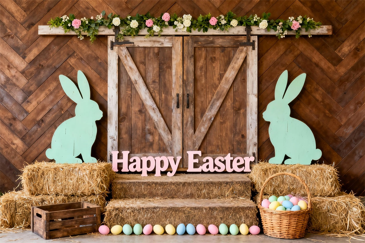Rustic Easter Backdrop Barn Door Bunny Silhouette Easter Pictures Backdrop UK LXX61-78