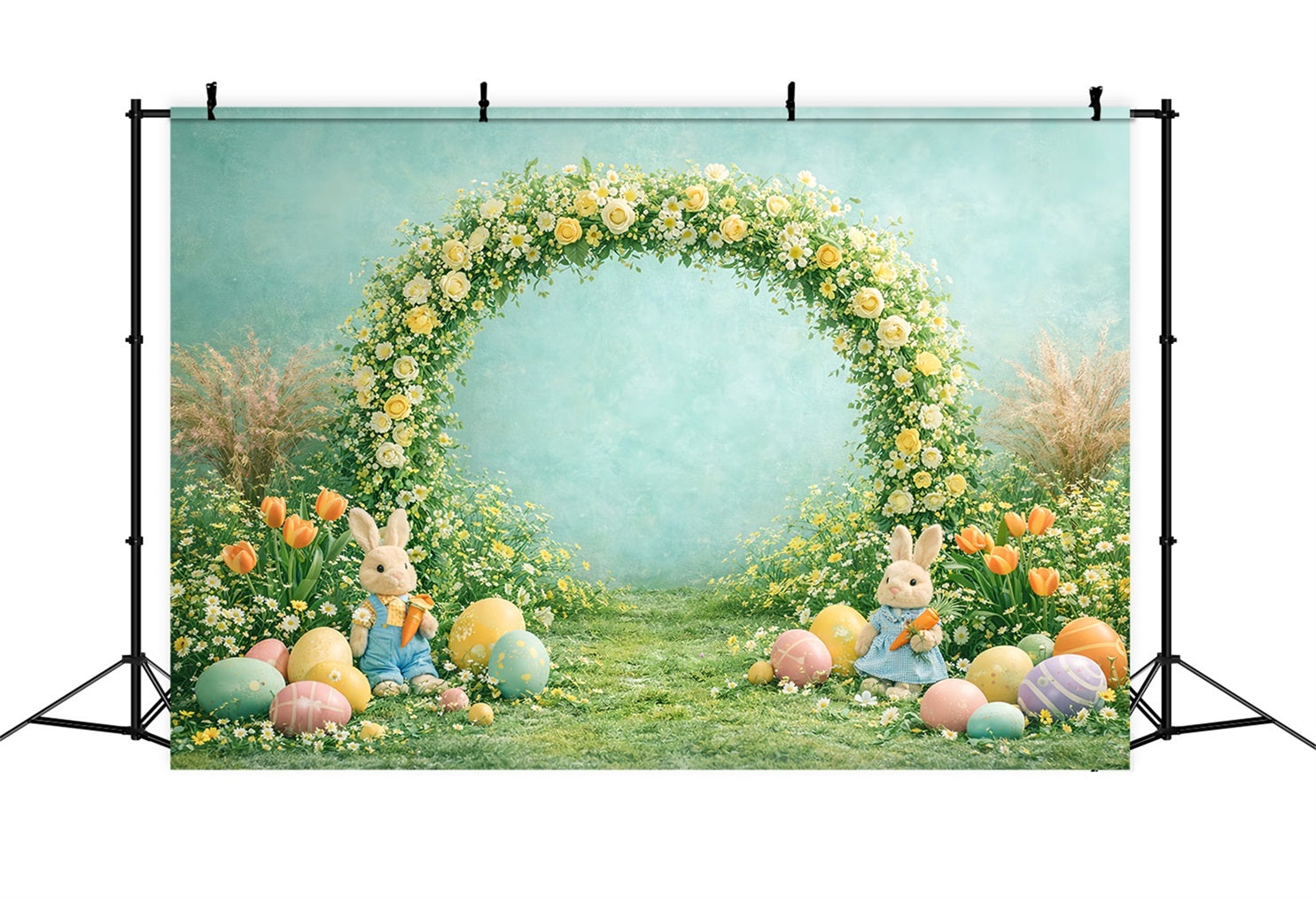 Egg Backdrop Spring Floral Arch Bunny Tulip Photography Easter Backdrops UK LXX61-79