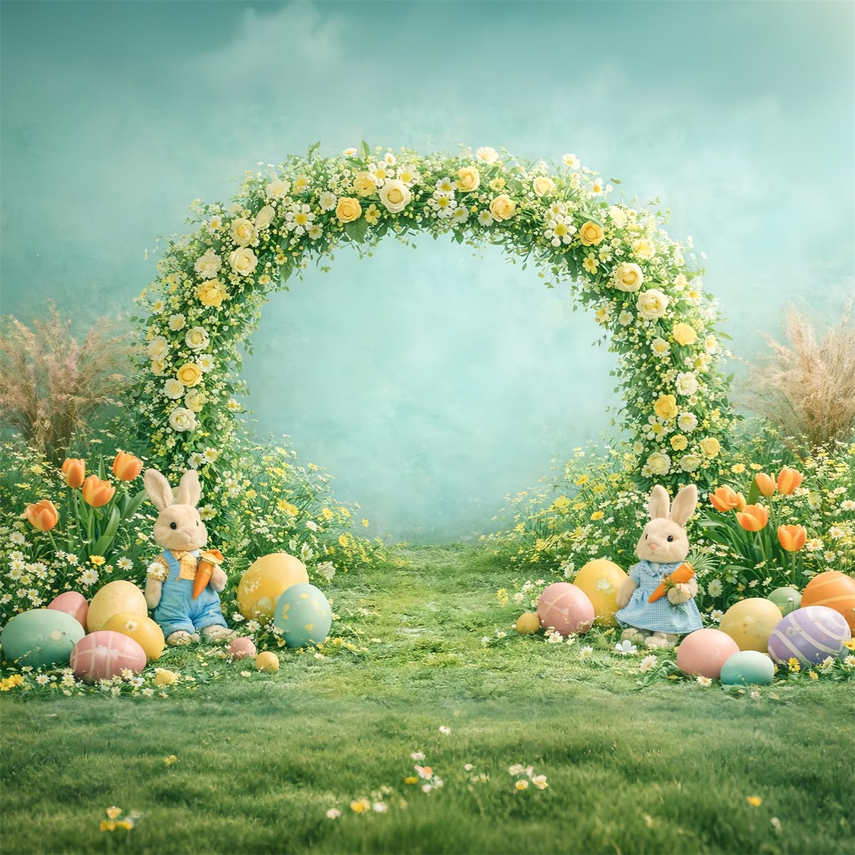 Egg Backdrop Spring Floral Arch Bunny Tulip Photography Easter Backdrops UK LXX61-79