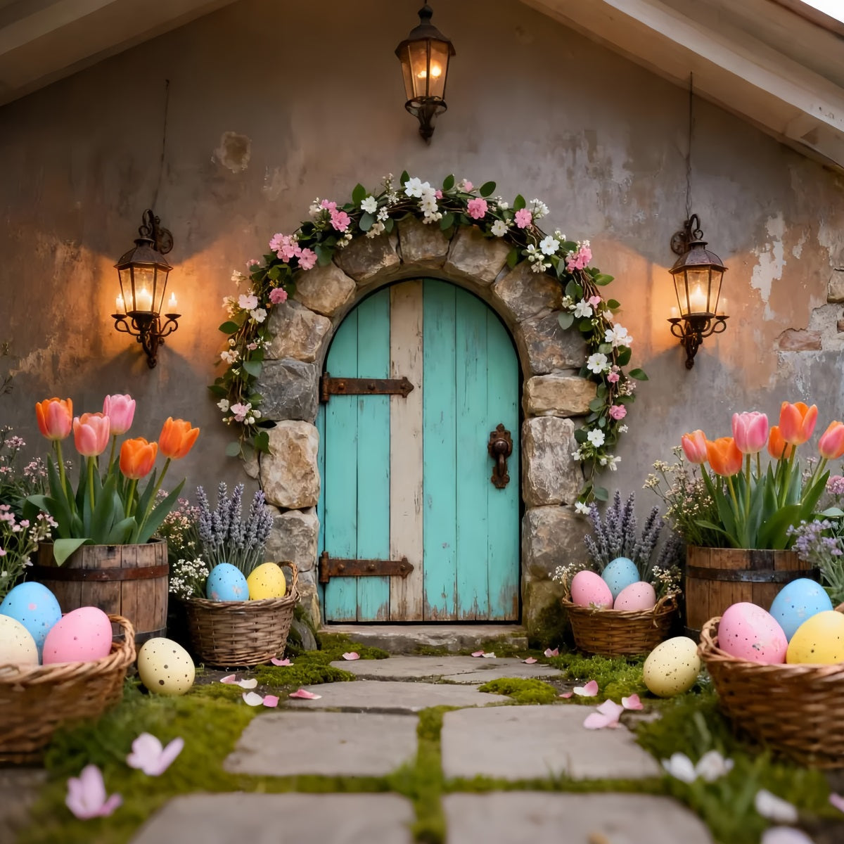 Easter Egg Photo Backdrop Turquoise Door Tulip Basket Easter Backdrops Photo UK LXX61-80