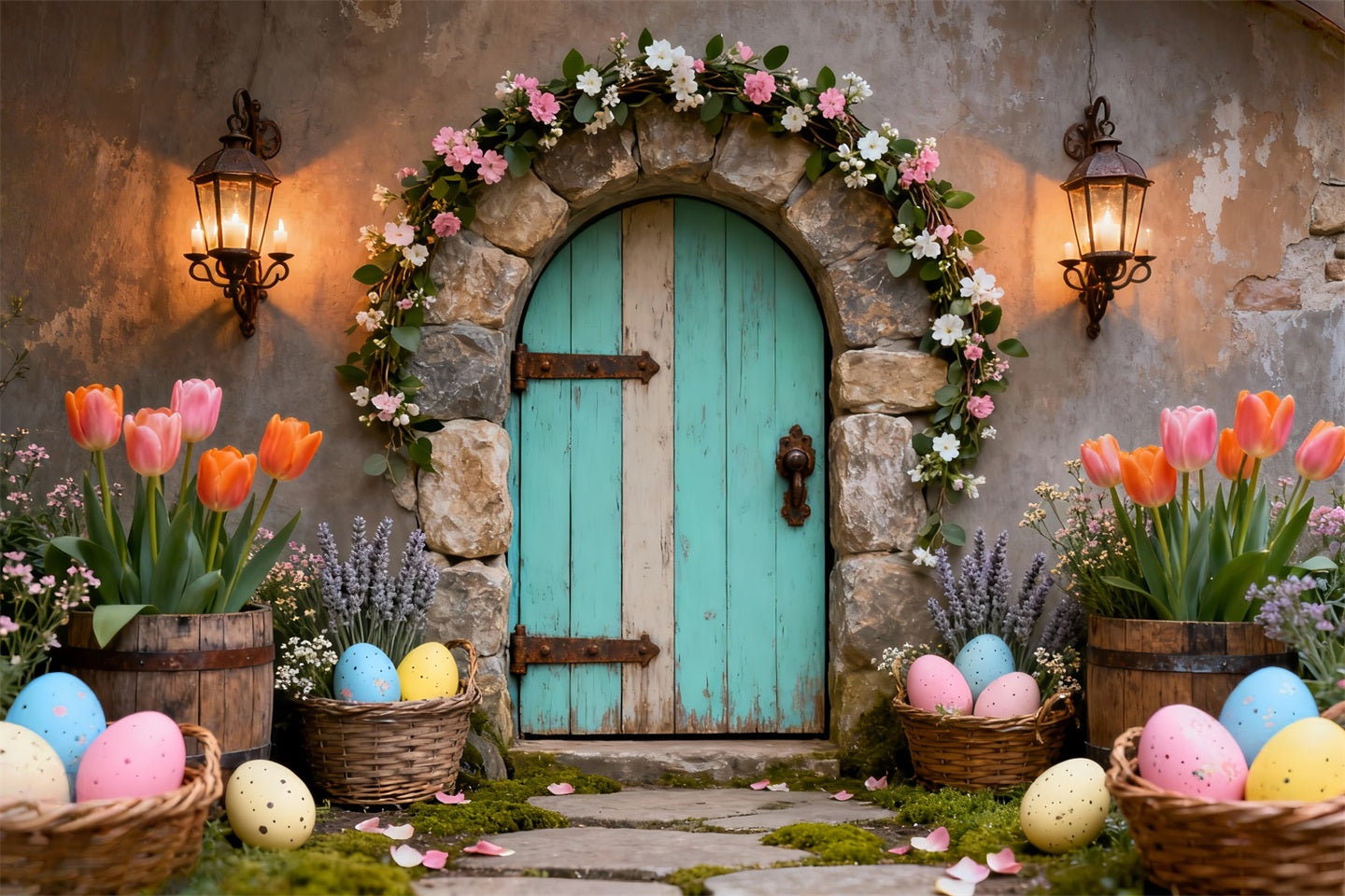 Easter Egg Photo Backdrop Turquoise Door Tulip Basket Easter Backdrops Photo UK LXX61-80
