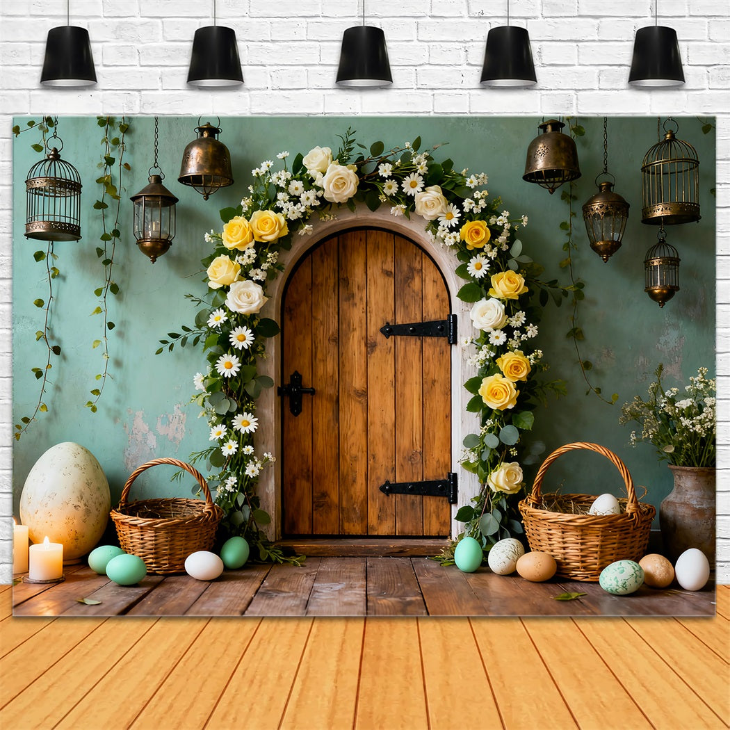 Easter Egg Photo Backdrop Wooden Door Floral Arch My First Easter Backdrop UK LXX61-82