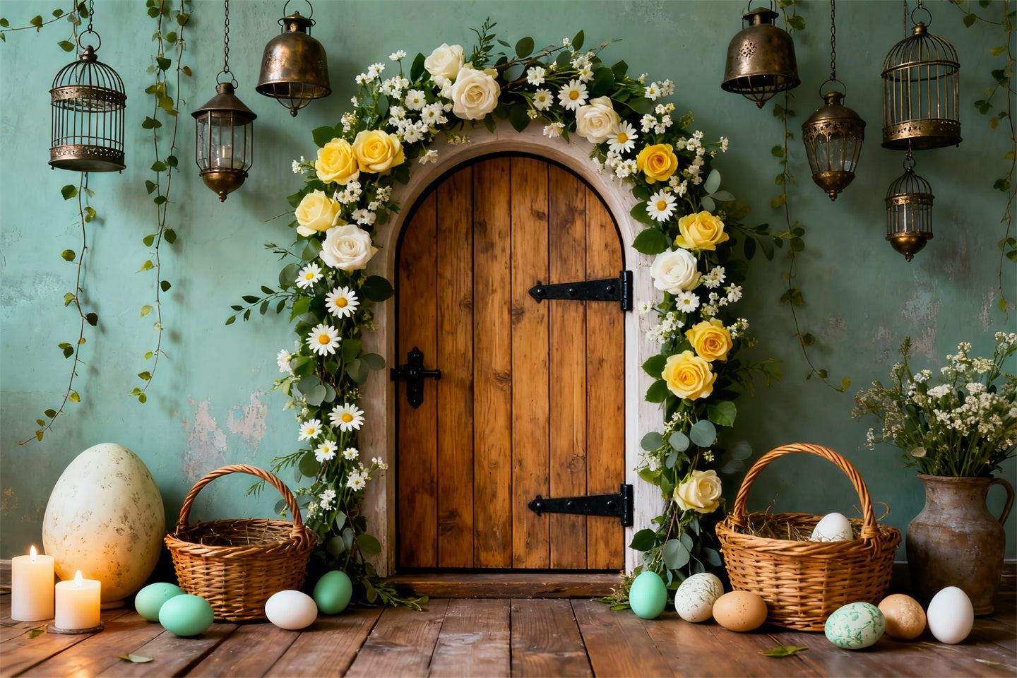 Easter Egg Photo Backdrop Wooden Door Floral Arch My First Easter Backdrop UK LXX61-82