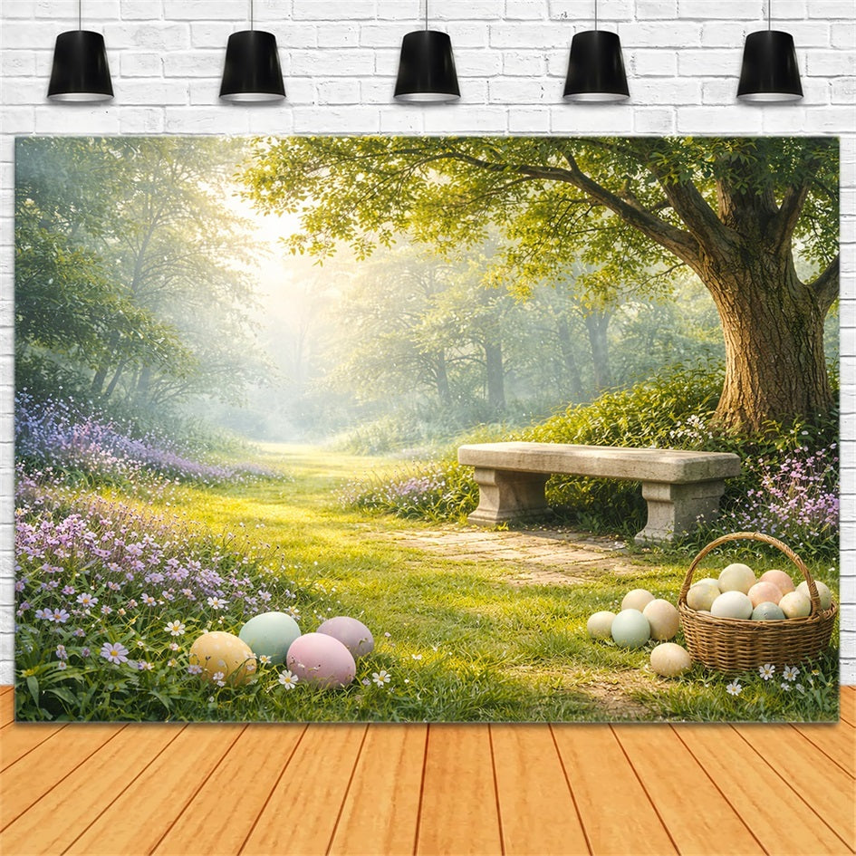 Rustic Easter Backdrop Sunlit Forest Meadow Bench Outdoor Easter Backdrops UK LXX61-83