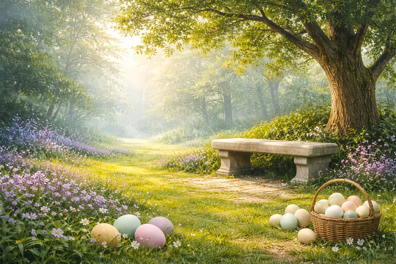 Rustic Easter Backdrop Sunlit Forest Meadow Bench Outdoor Easter Backdrops UK LXX61-83
