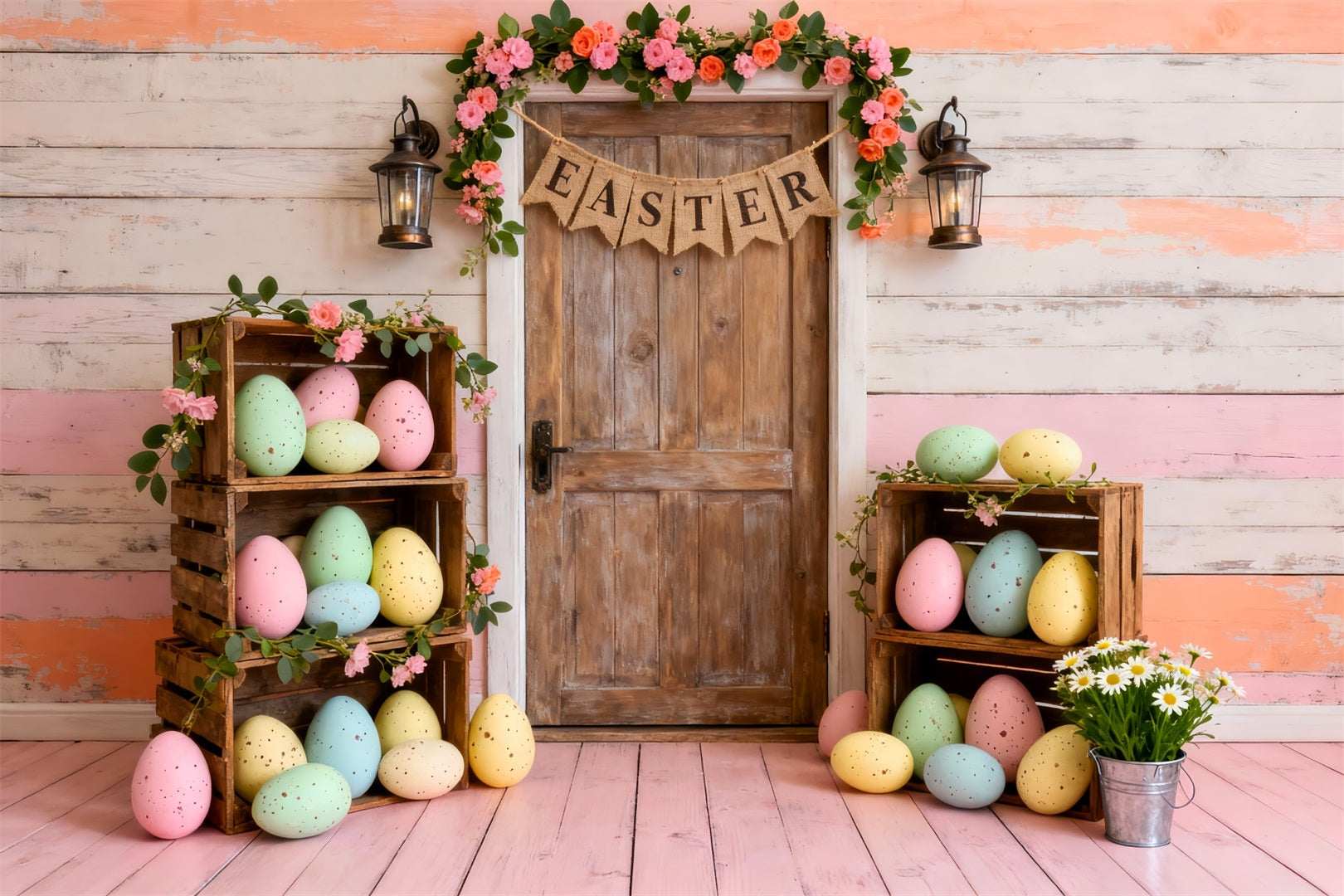 Easter Eggs Backdrop Pastel Crate Wooden Door Easter Party Backdrop UK LXX61-84