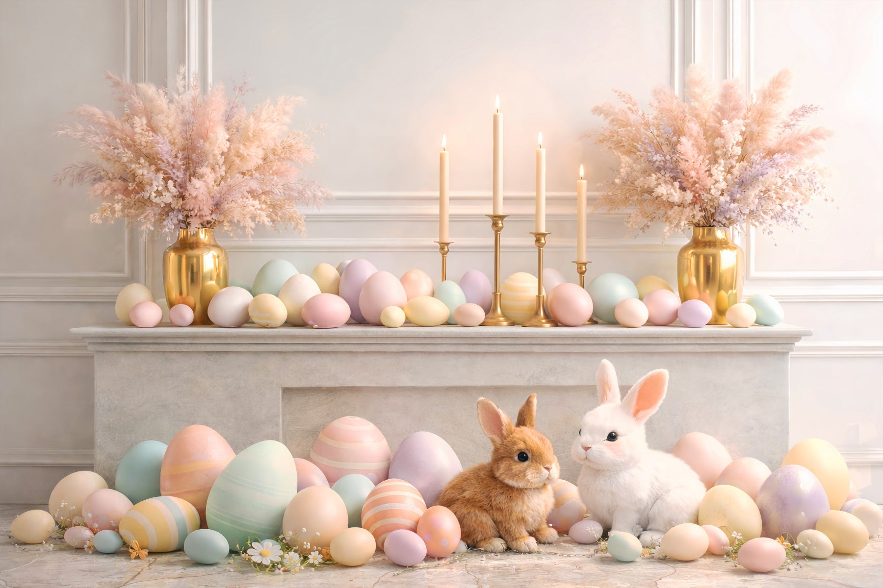 Easter Eggs Backdrop Elegant Mantel Bunny Retro Wall Easter Backdrop Photo UK LXX61-86