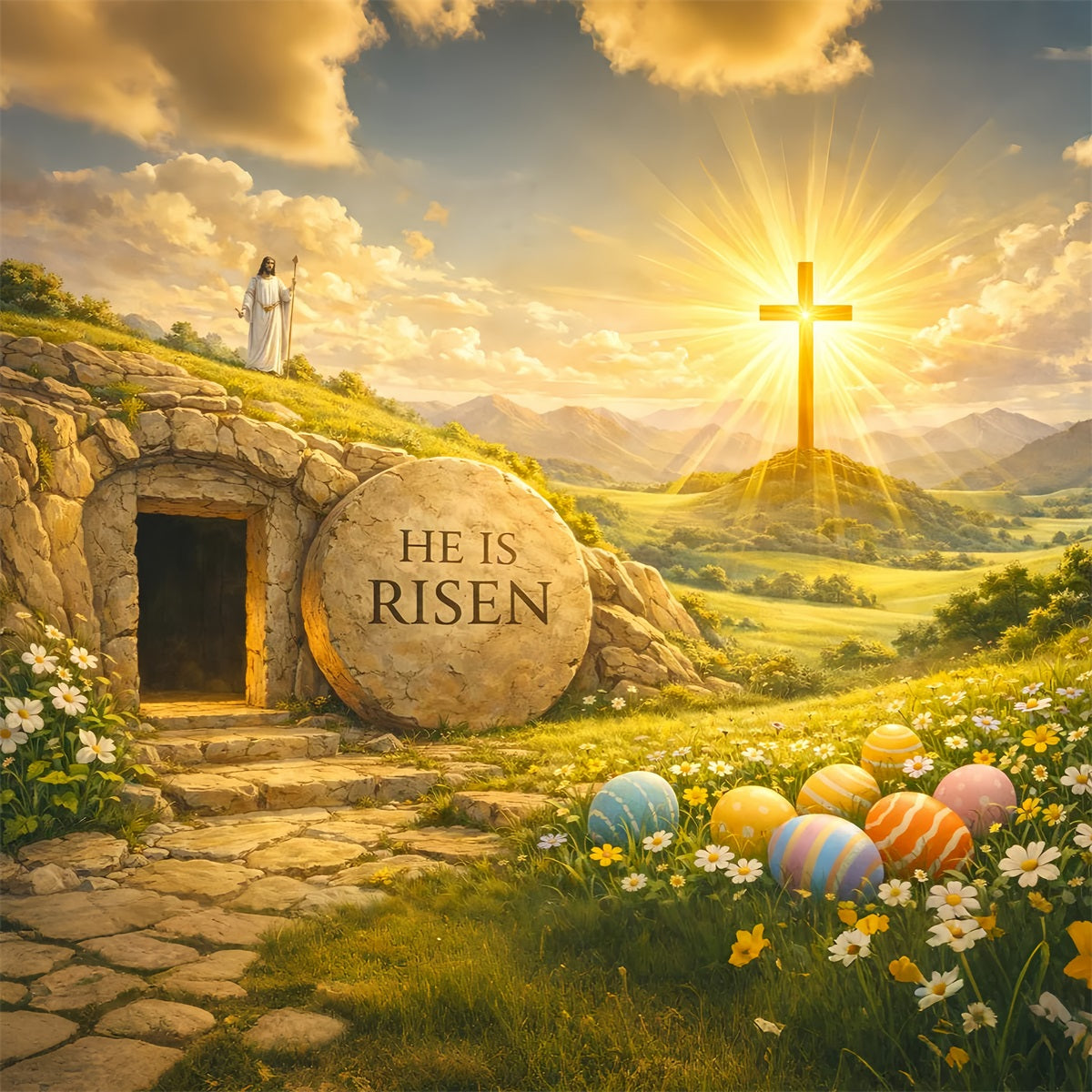 Easter Tomb Backdrops He is Risen Resurrection Cross Easter Photoshoot Backdrop Ideas UK LXX61-88