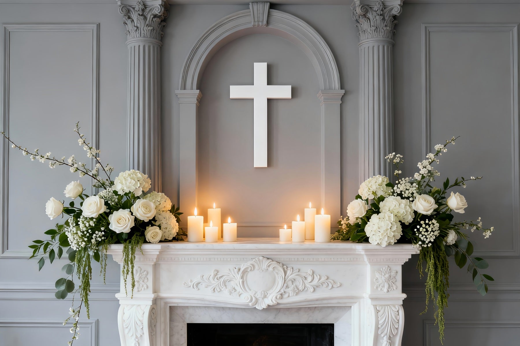 Church Backdrop For Easter Elegant Altar White Cross Photography Backdrops For Easter UK LXX61-89