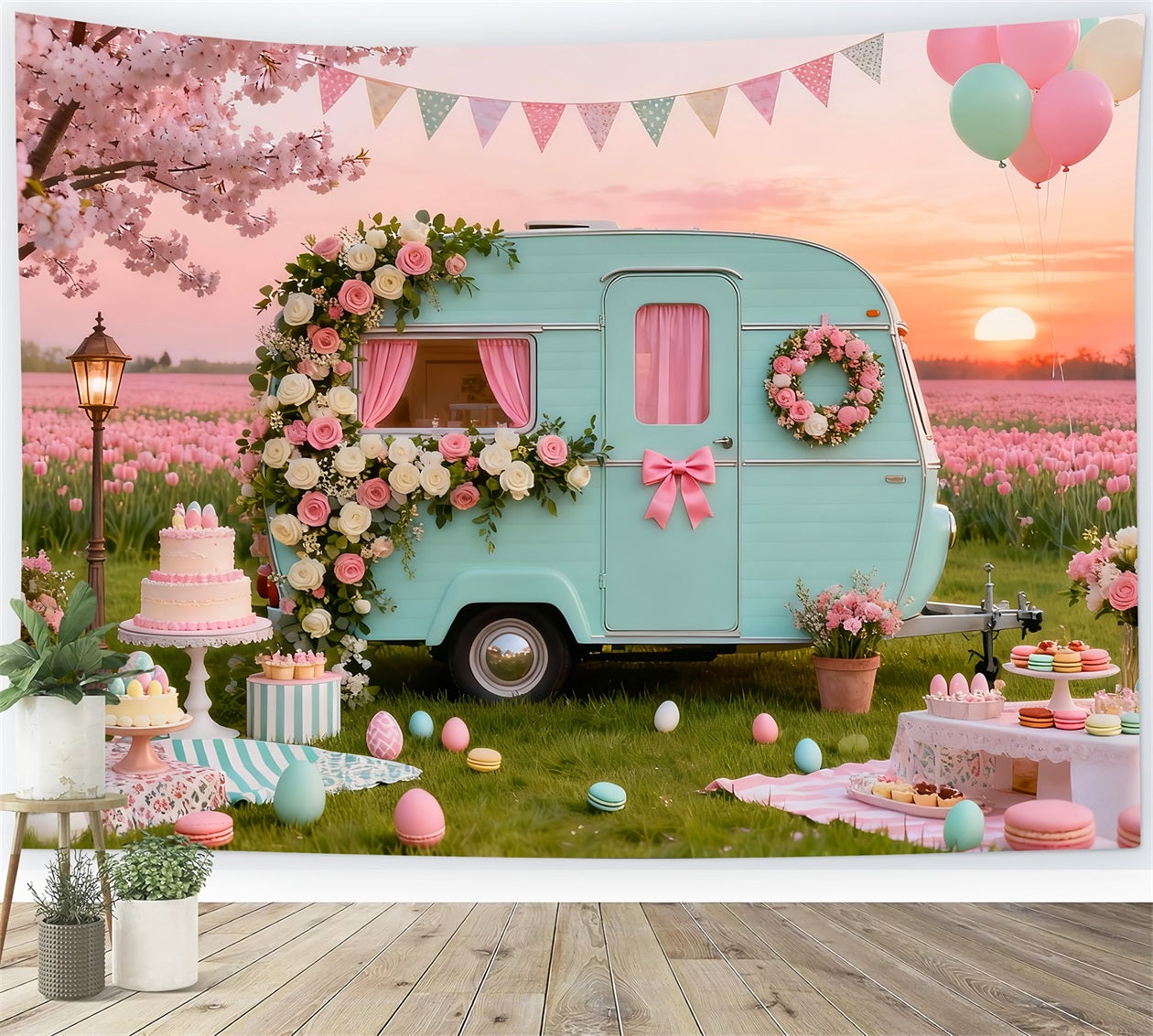 Egg Backdrop Vintage Floral Caravan Picnic Backdrop Ideas For Easter Pictures UK LXX61-91