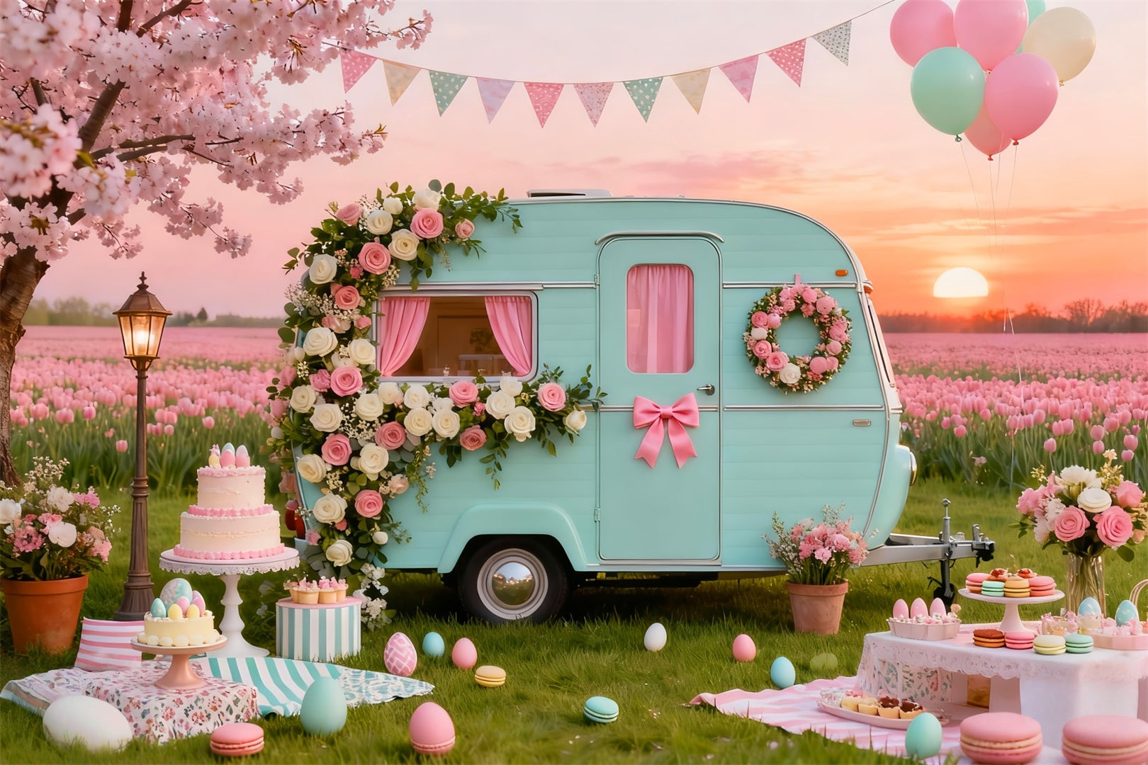 Egg Backdrop Vintage Floral Caravan Picnic Backdrop Ideas For Easter Pictures UK LXX61-91