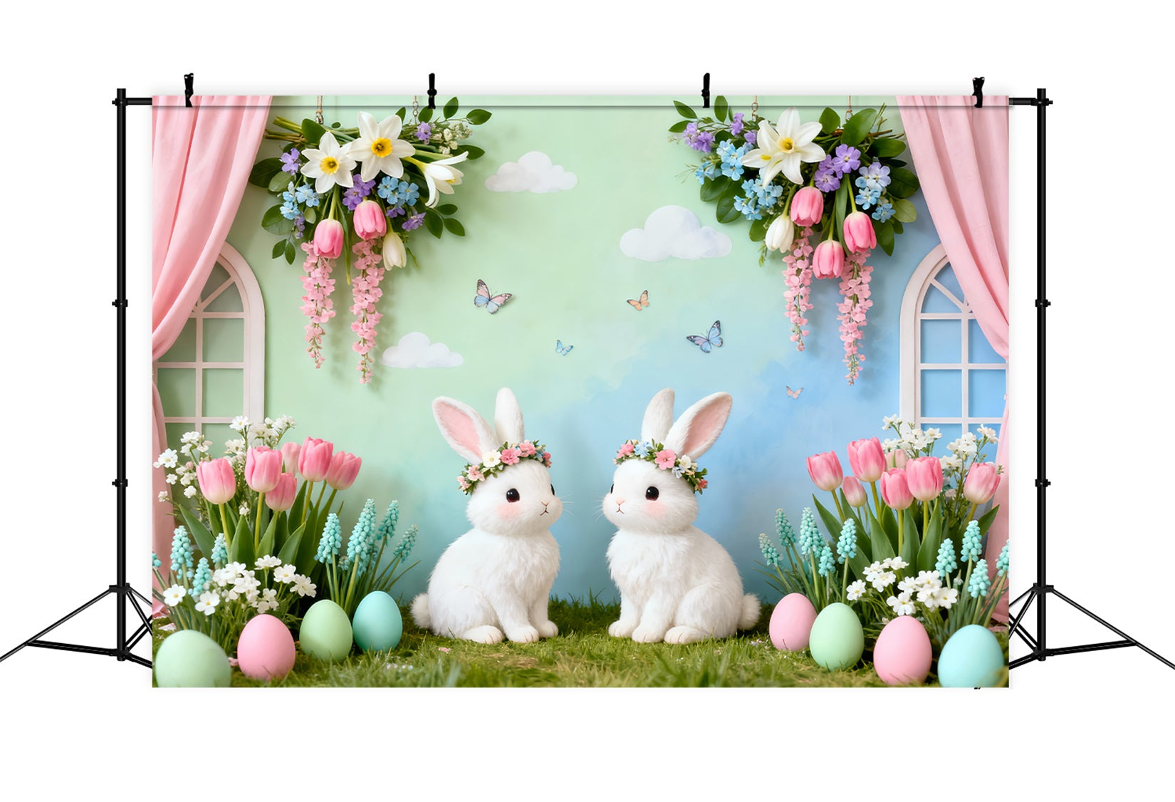 Rabbit Backdrop Twin Bunnies Floral Garden Easter Backdrops UK LXX61-94
